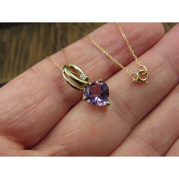 18" 10K Gold CZ Accent Purple Amethyst Heart Necklace Vintage Estate Wedding - Picture 4 of 8